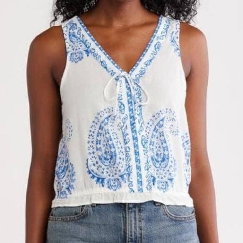 Lucky Brand White Tank Top with Blue Paisley Print